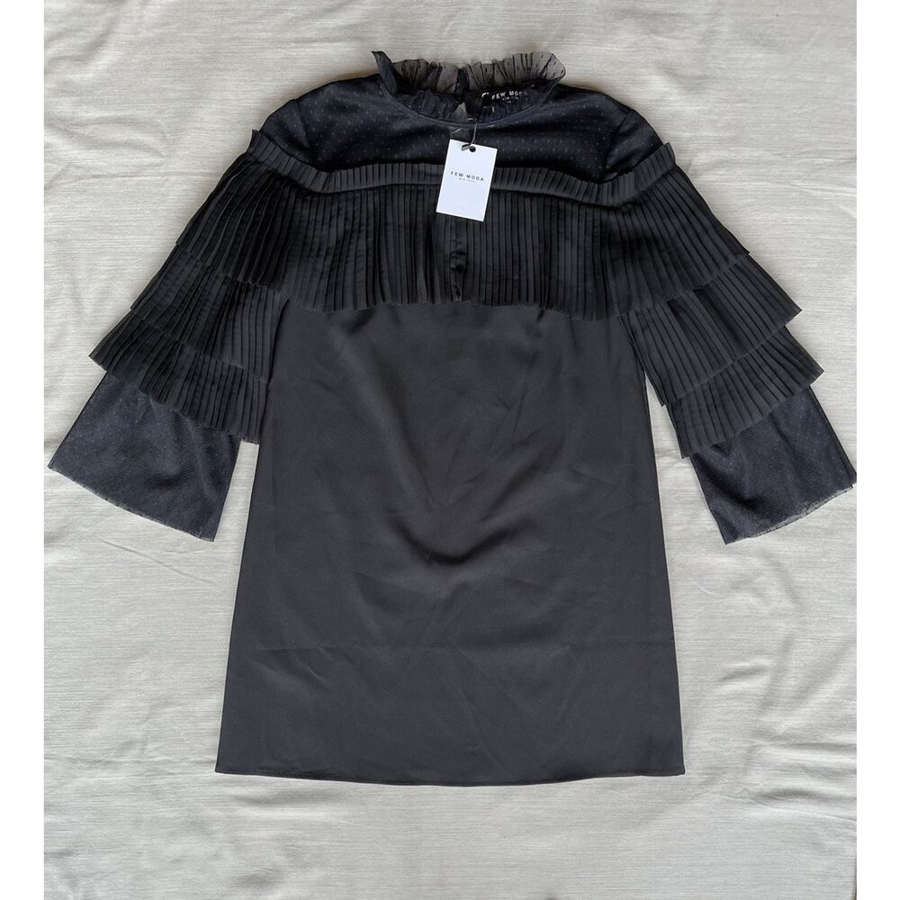 NWT Few Moda NY M Jackie A-Line Shift Mini Dress Black Ruffle Neck Polka Dot